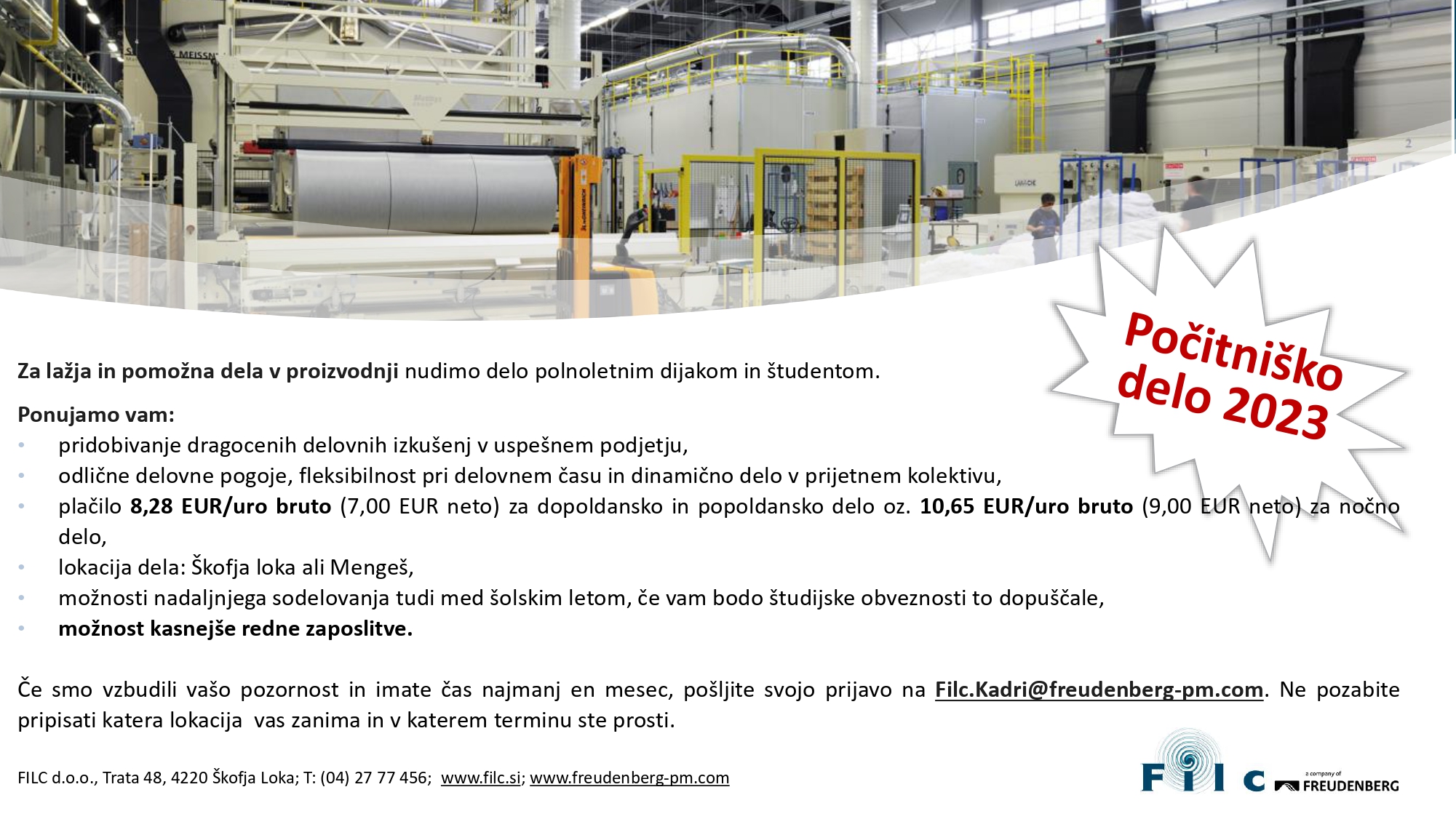 razpis za počitniško delo 2023 FILC